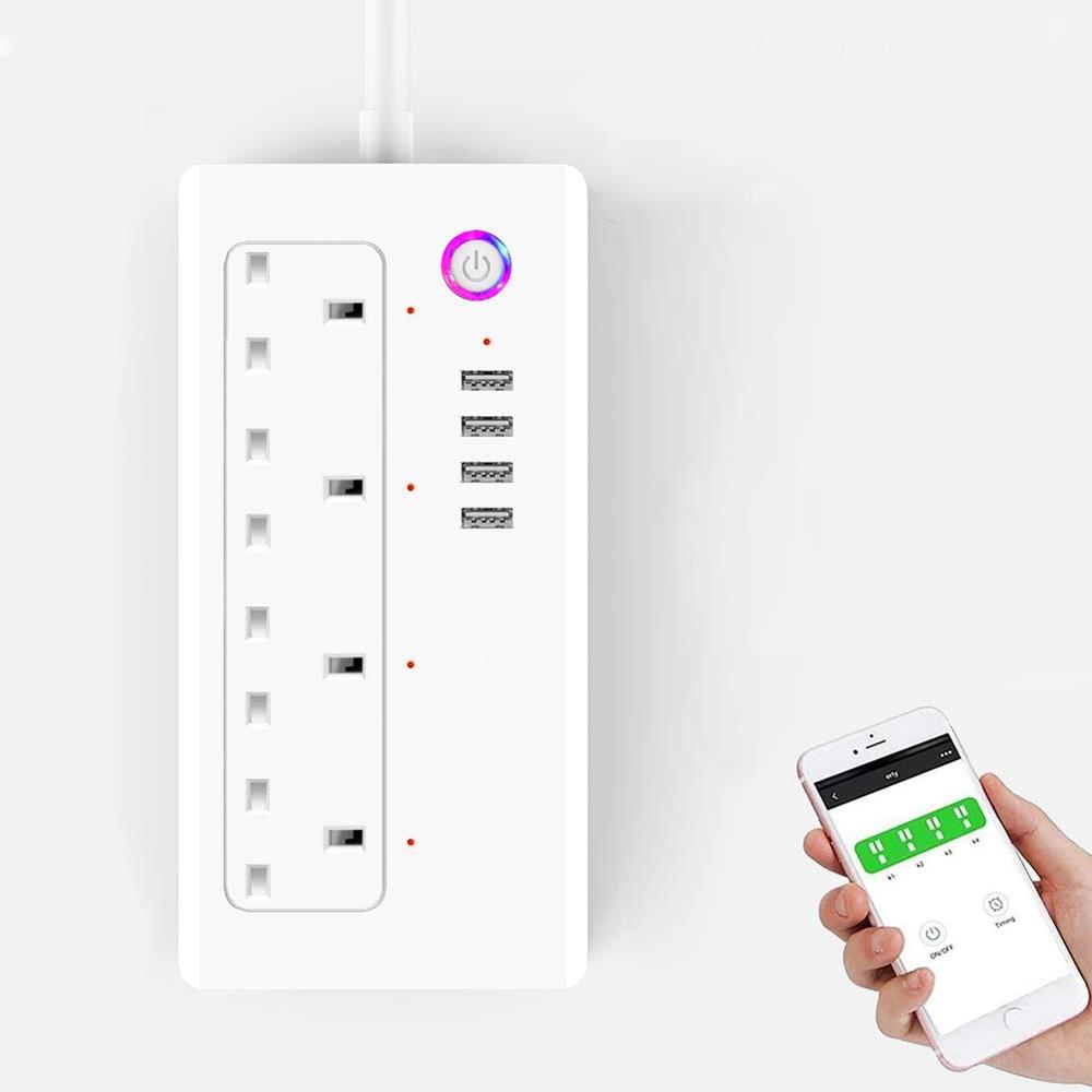 «Умная» пропилен-каучука прокладки с 4 розетки 4 порта USB с пультом дистанционного управления и голосового управления совместим с Alexa Echo Google Assistant и