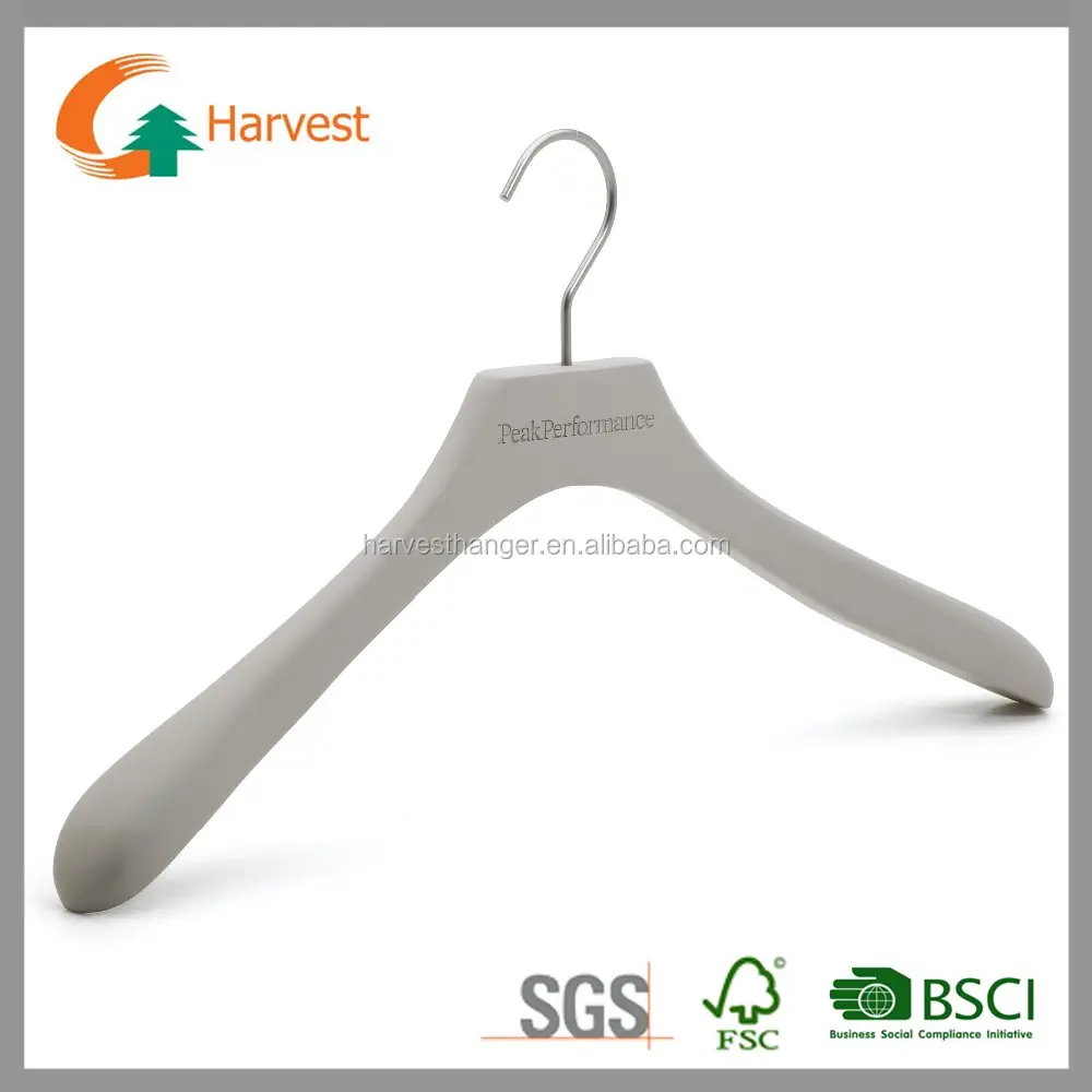 Gray rubber coated wooden cloth hanger with laser logo