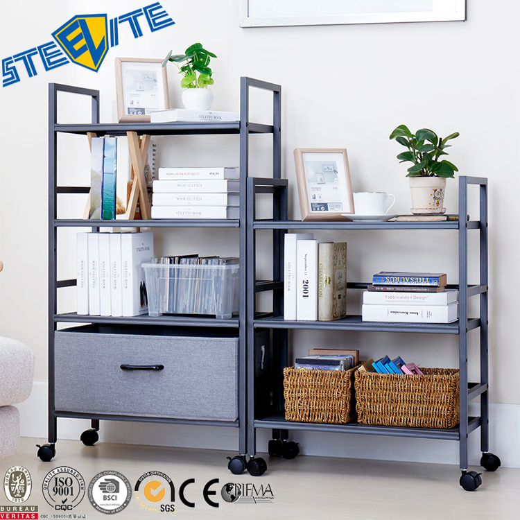 Modern Design 3-Layer Storage Drawer Bedside Shelf Metal Bookcase Display Rack With Wheel