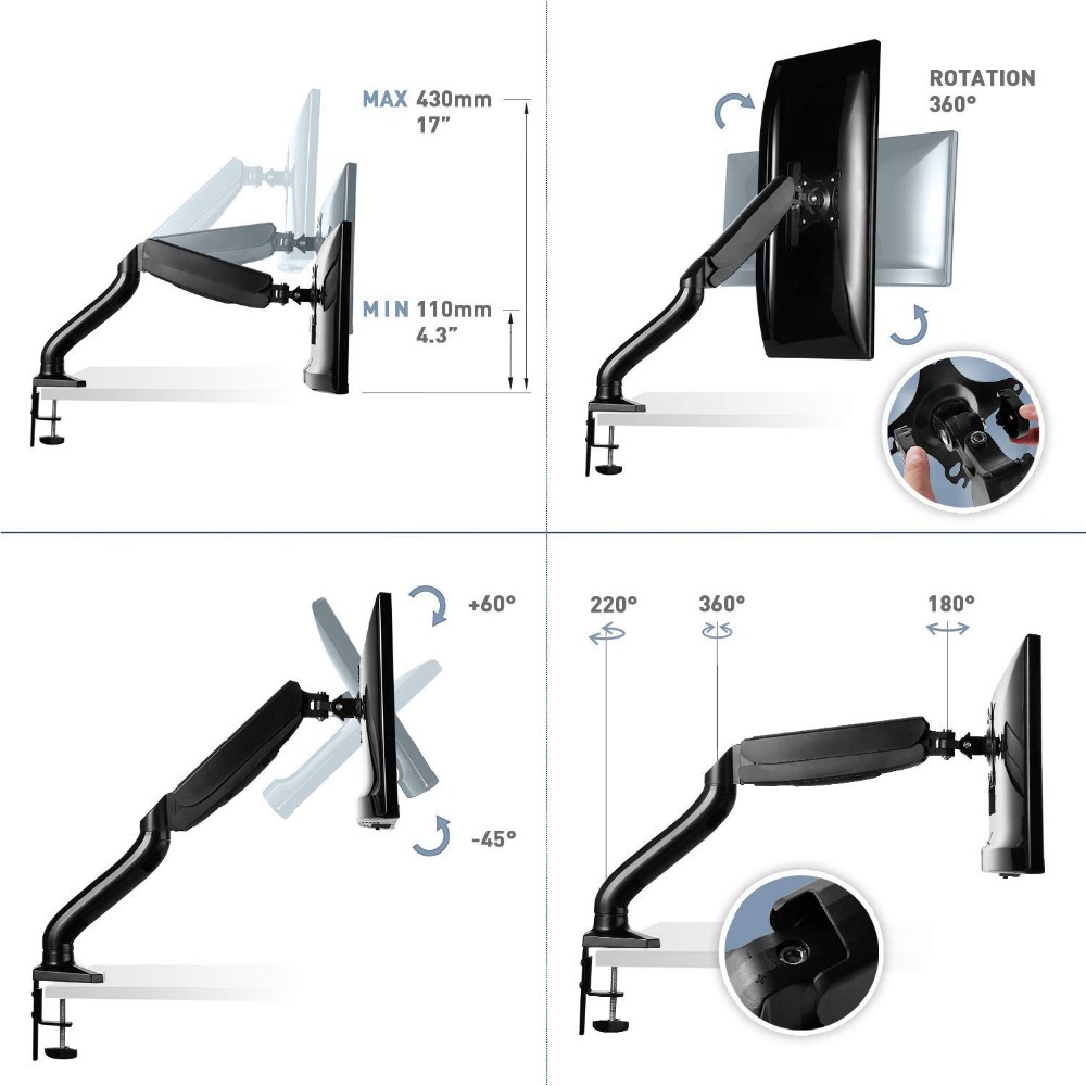 JLT Gas Spring Full Fotation 360 Degrees LCD Monitor Desk Mount Stand