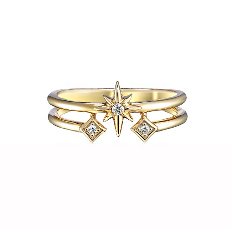 18K чистого золота настоящий бриллиант Double Layer Star Золотое кольцо