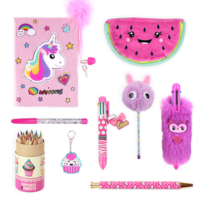 Unicorn Watermelon Themed Kids' Stationery Set Glitter Pens & Fluffy Keychain Lockable Journal Creative Writing School Supplies