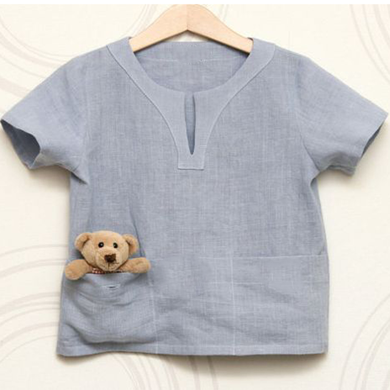 Classic Baby Boy Organic Linen Light Blue Shirt Short Sleeved Top T-Shirts For Kids Garcon