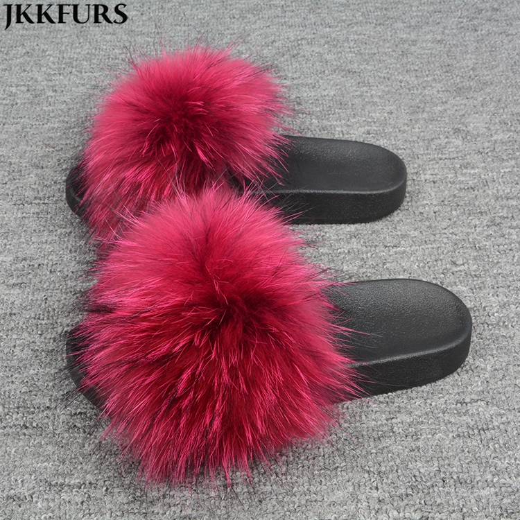 Hot Selling Fashionable Raccoon Fur Slippers China Wholesale PVC Slides Women fur flat slides