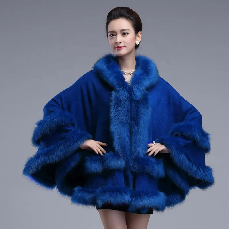 Wholesale Women Winter Warm Knitted Faux Fox Fur Poncho Hooded Faux Fur Trim shawl