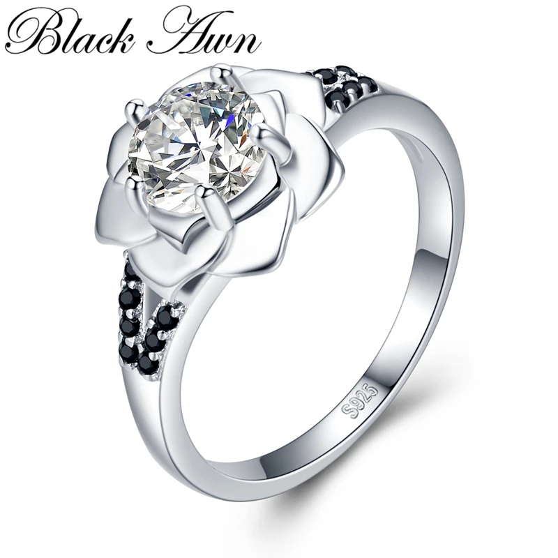 [Черный ость] 925 Серебряное кольцо женские Bague романтический цветок Роскошные обручальные кольца и серьги в наборе из стерлингового серебра ювелирные изделия G073