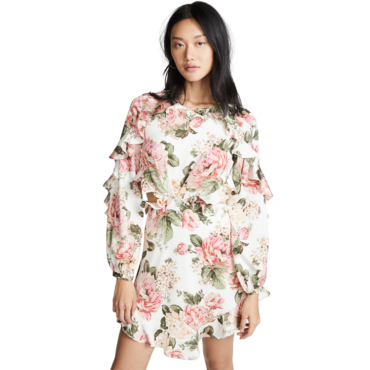 Стильный ruffled рукав выдалбливают backless цветок печати Короткие ruffled hem платье