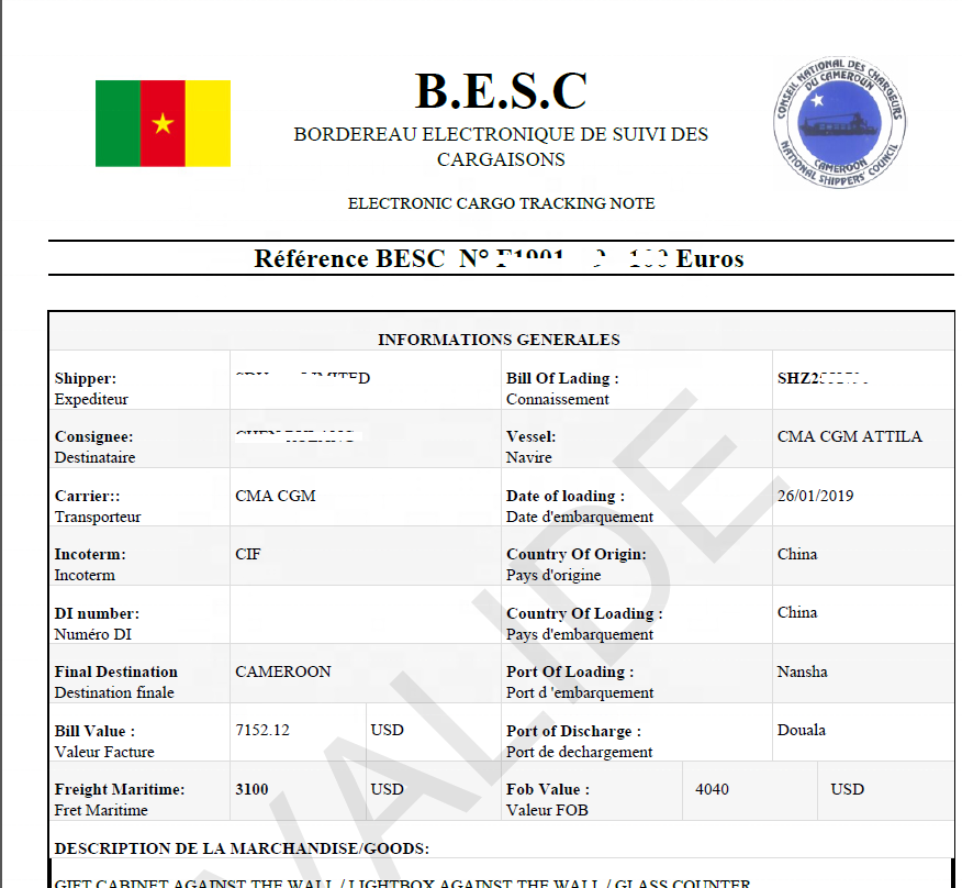 CNCC ECTN форма заявки -- Камерун BORDEREAU DE SUIVI DE CARGAISON (BESC) электронный груз отслеживания Примечание (ECTN)