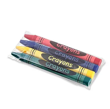 multi color 4 pack of wax crayons in cello bag, wrapping paper