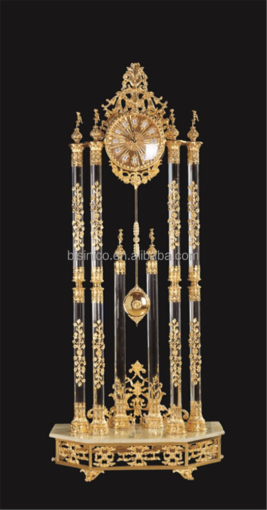 Luxury Italy Style Antique 24K Gold Plated Bronze Mounted Floor Clock, Decorated Pendulum Clock, Crystal & Marble Clock