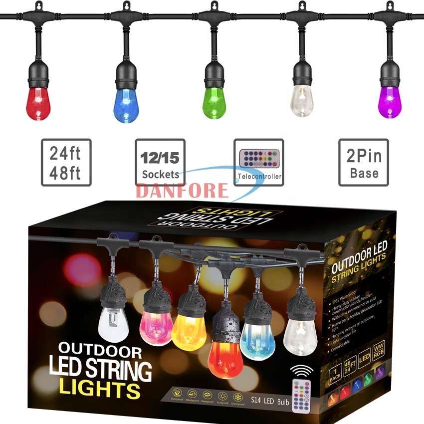 СВЕТОДИОДНАЯ Гирлянда RGB S14, 48 футов, устойчивая к атмосферным воздействиям, для помещений и улицы, Рождество