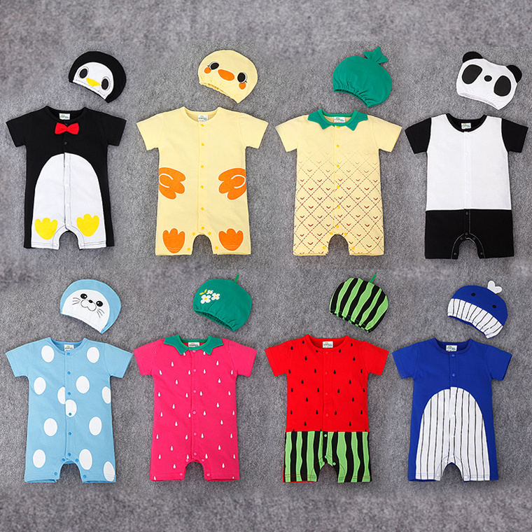 Alibaba China Wholesale 2 Pcs Newborn Baby Summer Clothes Organic Cotton Fruit Animal Romper