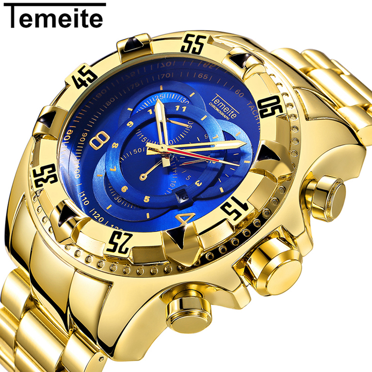 TEMEITE 020G-3 Лидер продаж мужские часы роскошные золотые часы для мужчин большой циферблат Кварцевые Бизнес наручные часы, водонепроницаемые, Relogio Masculino