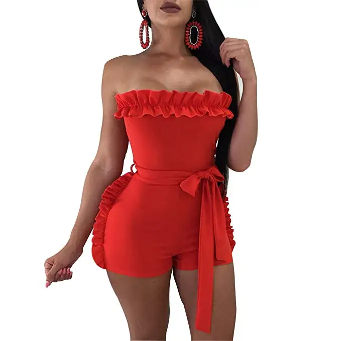 MAGICMK Women's Summer Strapless Tube Top Ruffled Bodycon Short Pant Rompers Playsuit