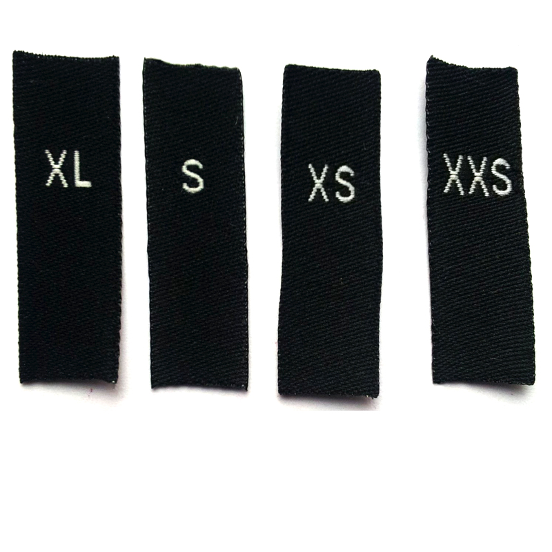 Маленький минимальный заказ, дешевая этикетка с размером букв XS,S,M,L,XL,XXL для одежды, тканая этикетка с логотипом
