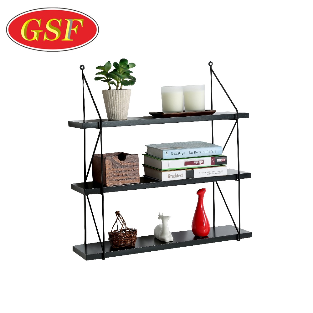 Black Floating MDF Decorative Metal Wood Wall Shelf Modern Magazine Display Shelf Wood Rack Display Shelf