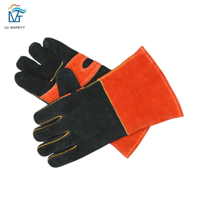 Cow Leather Grill Heat Resistant BBQ Gloves Orange Thicken Long Protection Glove