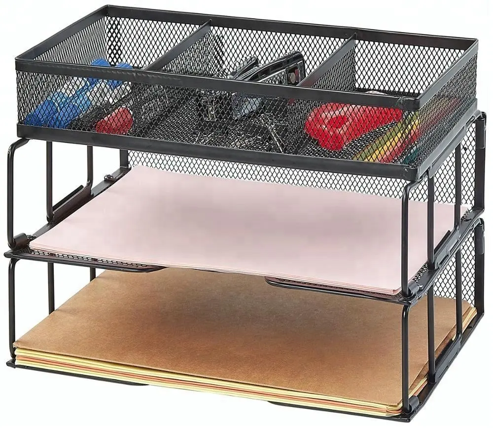 Wideny Office Metal Mesh 2 Tier Desk File Organizer Shelves With 3 Sorter Sections