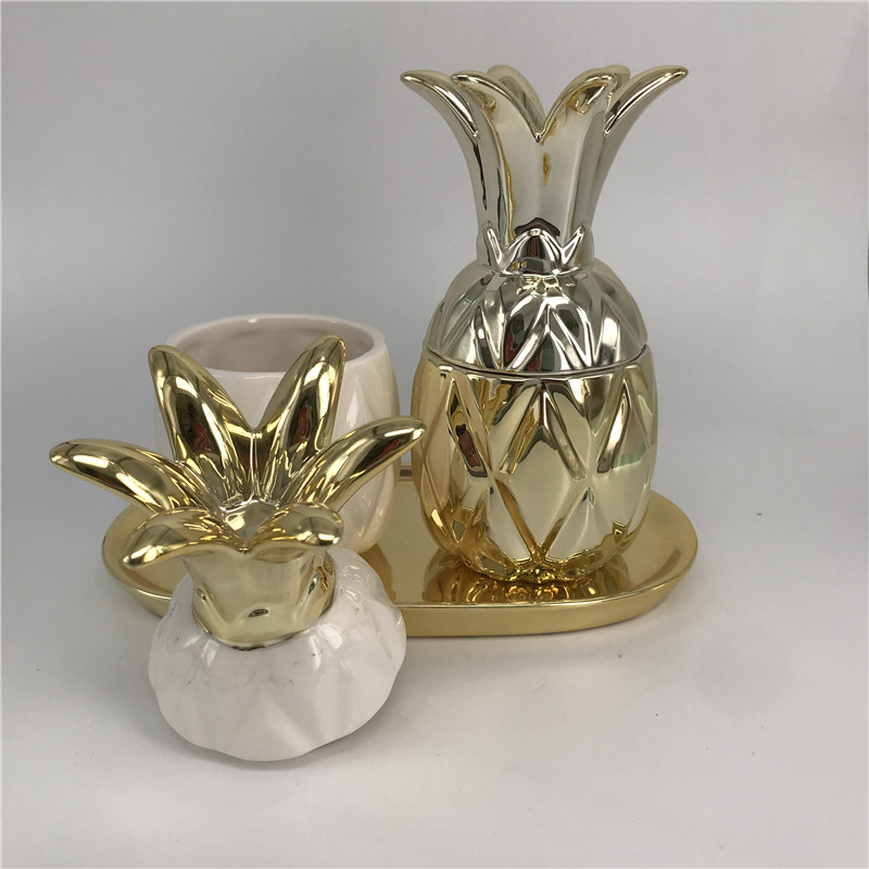 Yellow Ceramic Material and Food Use pineapple cookie jar with lid in electroplating