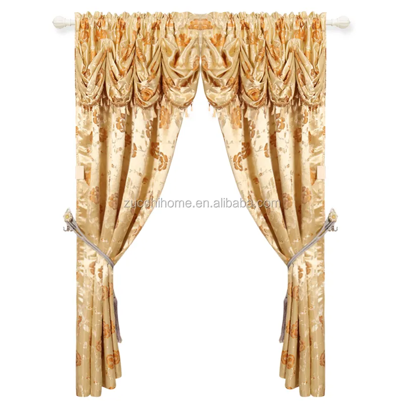 European Golden Luxury Curtains with Valance for Bedroom Window Curtains Drapes Curtains for Living Room Elegant 100% Polyester