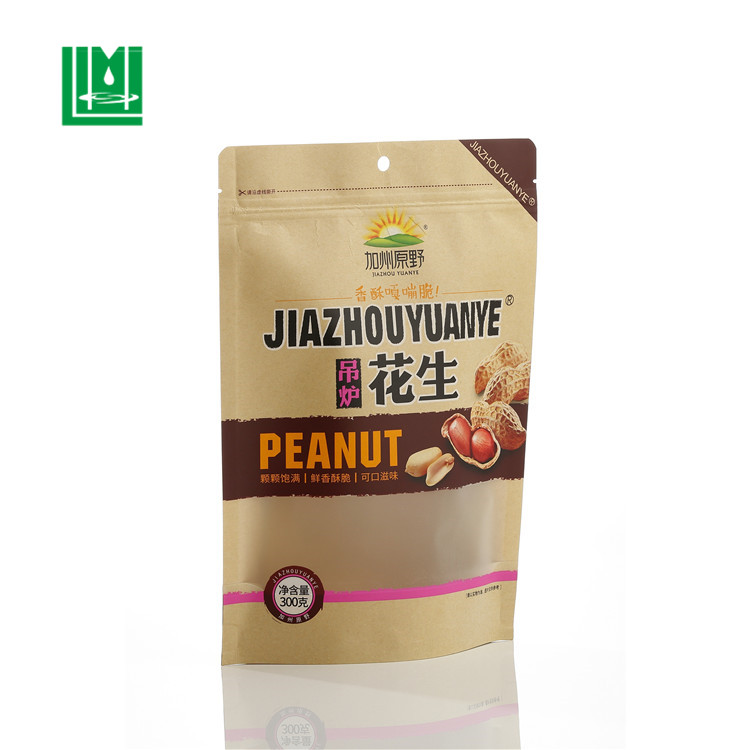 Resealable эко-дружелюбный крафт-бумага стойте вверх мешок застежки-молнии мешки с окном для арахис орехи семена Органические упаковки еды