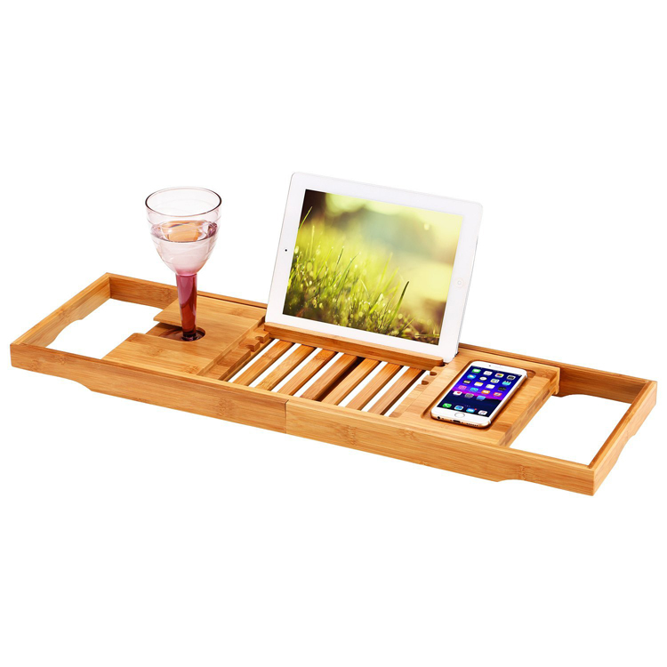 Natural Bamboo Bath Caddy Bathtub Tray with Extending Sides Adjustable Book Holder Tray Organizer for Phone and Wineglass