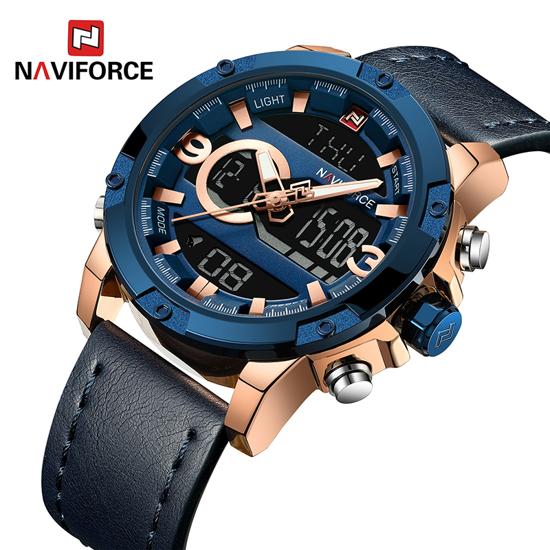 Оригинальный бренд Naviforce 9097 Мужские часы Роскошные из натуральной кожи военные водонепроницаемые спортивные цифровые кварцевые часы с двойным временем