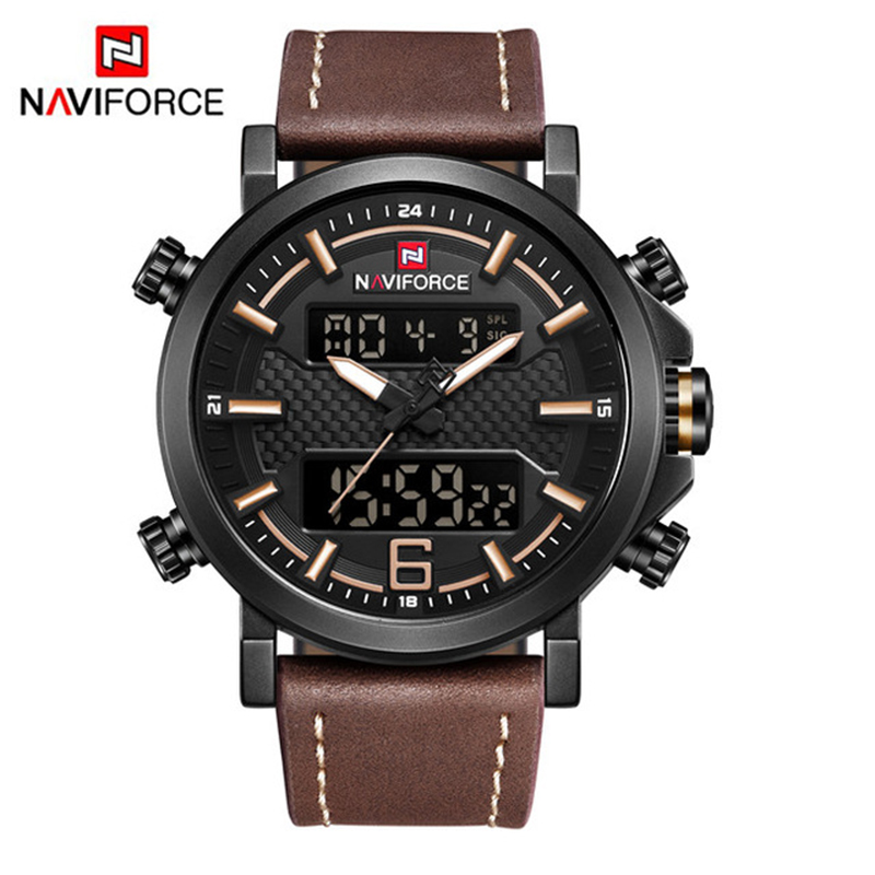 Мужские часы NAVIFORCE 9135, брендовые Роскошные спортивные военные кварцевые цифровые часы с двойным дисплеем, водонепроницаемые часы с кожаным ремешком для мужчин