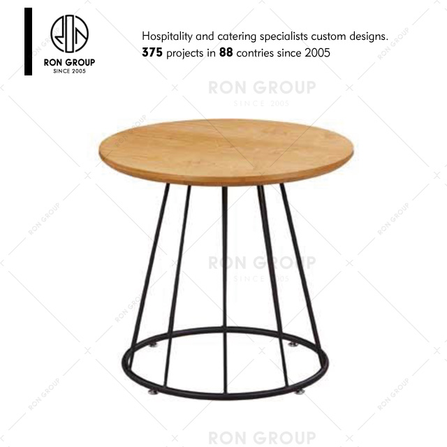 Wholesale Restaurant Horeca Coffee Shop Furniture Small Round Dining Wood Table with Iron Metal Frame Table Leg Design