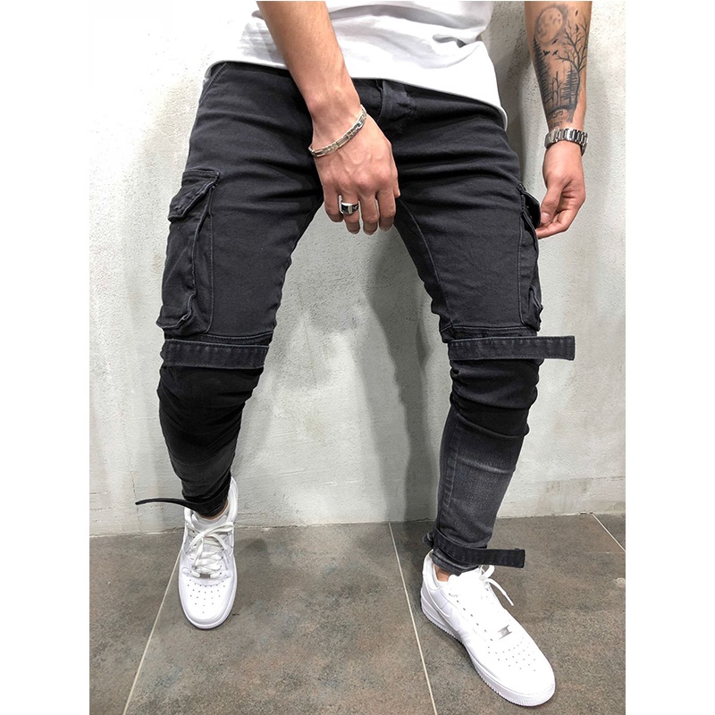 Оптовая цена, тонкие облегающие мужские черные брюки карго джинсы Homme