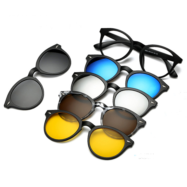 DLC2205A Magnetic Night Vision and Polarized 5 Clips on Round Sunglasses Set