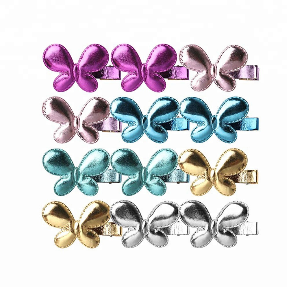 Оптовая продажа PU свет Цвет Блеск Бабочка shaped оснастки заколки для волос для детей