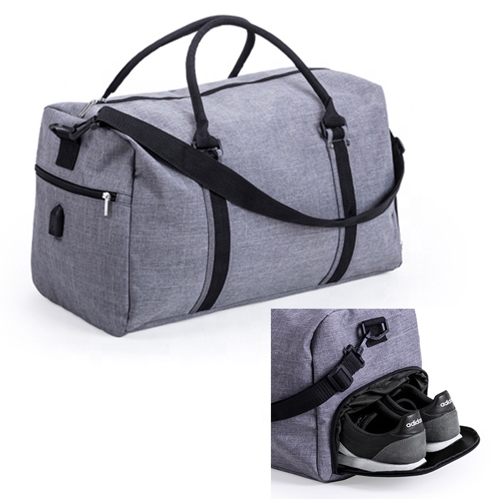 Pinghu Sinotex durable roomy gym sport travel bag weekend duffel bags with shoes compartment USB charge promotional gift
