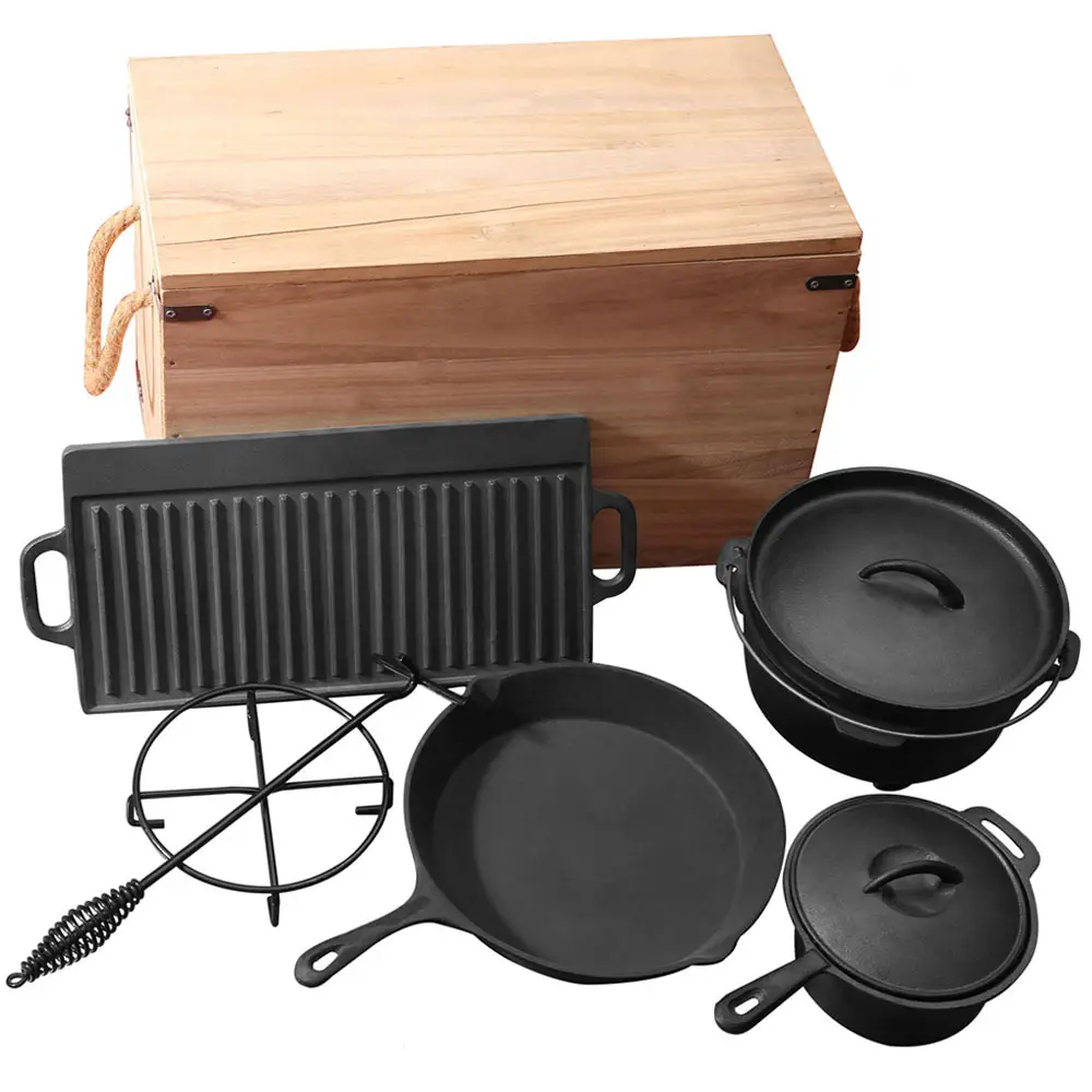 Pre-Seasoned 7 Pieces Heavy Duty Outdoor Camp Pot Cast Iron Cookware Set