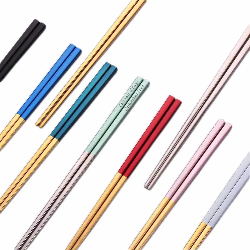 Customized Logo 304 Stainless Steel Metal Chopstick With Titanium Plated Gold Japanese Chopsticks