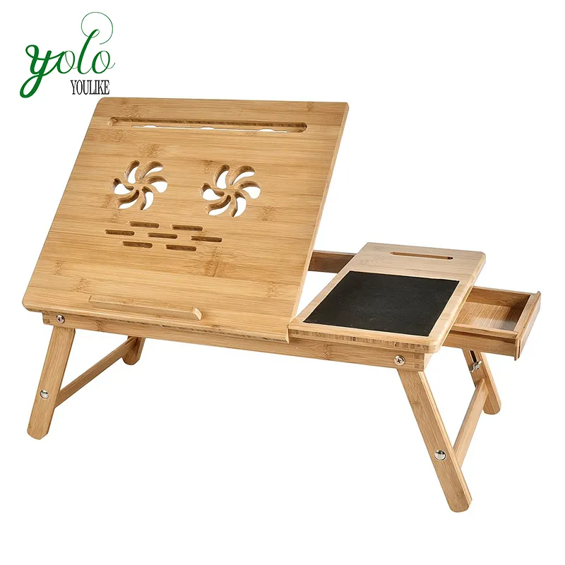 Adjustable Bamboo Serving Tray Wooden Laptop Desk with Drawer