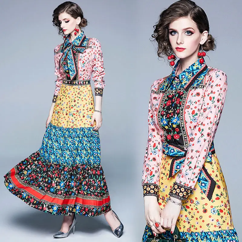 Spot QP3515075 new women's retro floral stitching printing lapel bow large dress