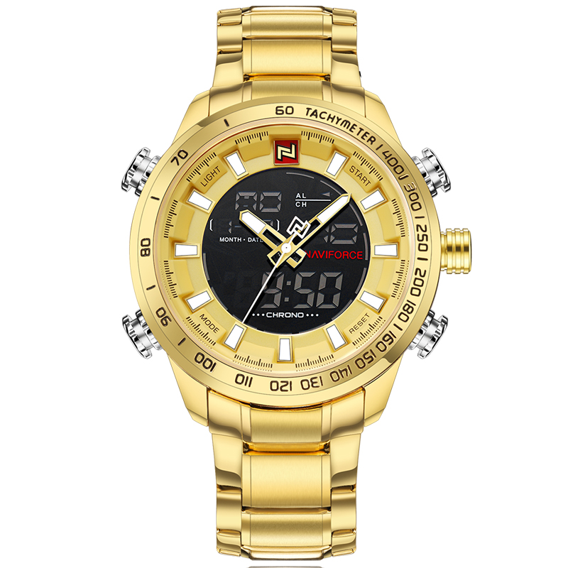 Новинка Naviforce 9093 брендовые Роскошные мужские часы с двойным временем, ЖК-аналоговые водонепроницаемые военные кварцевые цифровые часы из нержавеющей стали