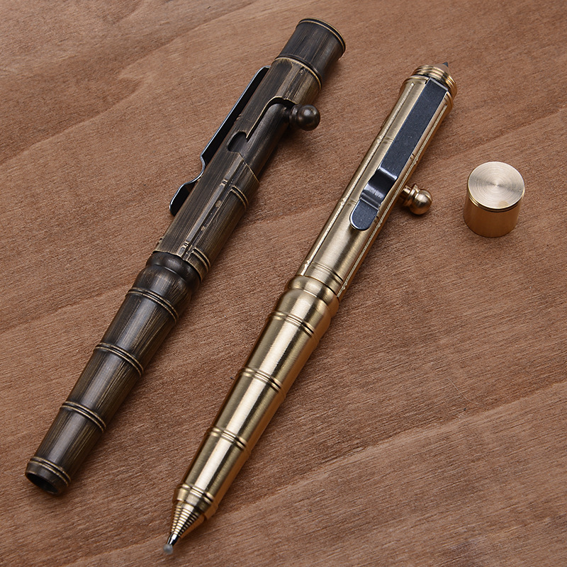 Retro Brass Brush Pen Bolt Action Gun Pen Tungsten Steel Head Emergency Survival Self Defense Pen