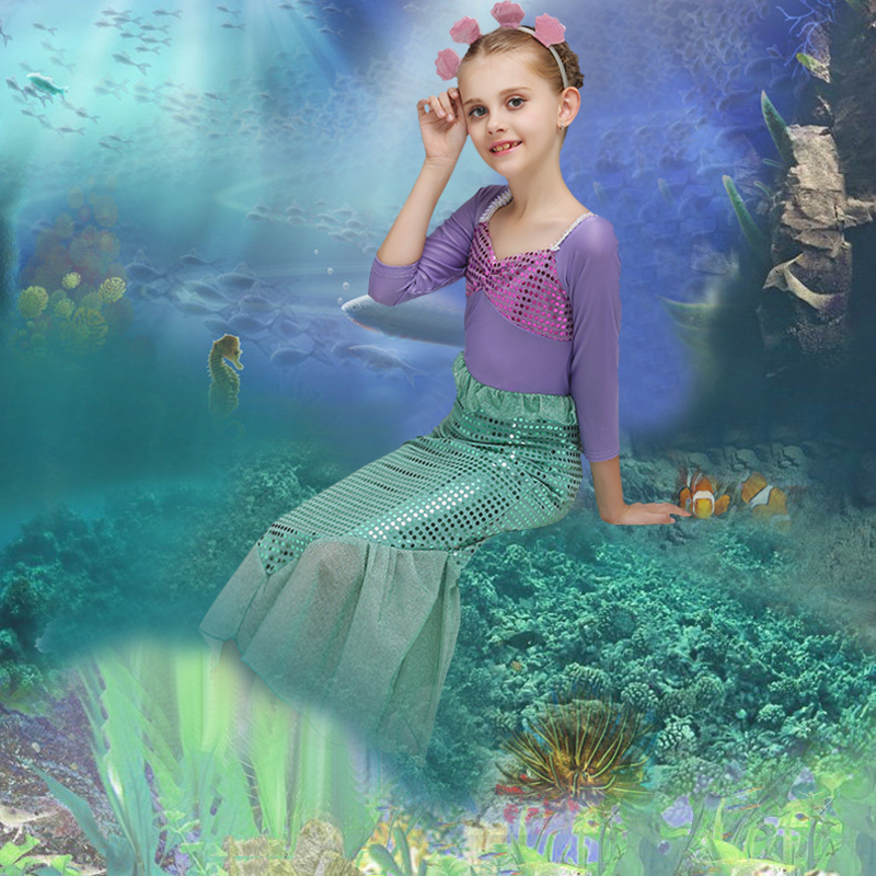 Cute Children Costumes Dress With Headdress Little Mermaid Pretty Girls Long Dress MRY647