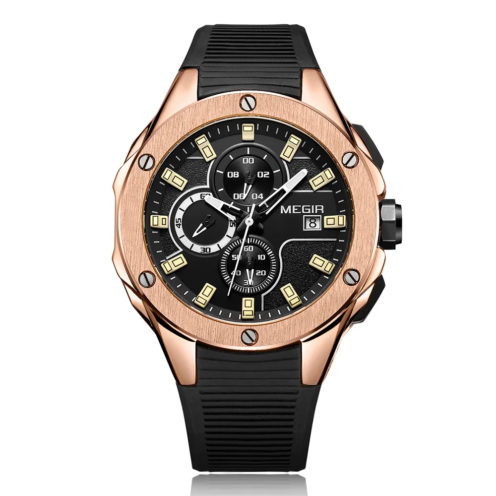Megir 2053 Male Silicone Wristwatch Date Quartz Multi-function Chronograph Military Sport Watches