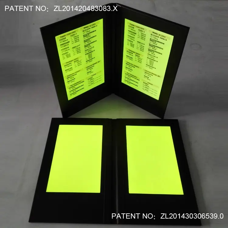 double sides LED menu cover, illuminated led backlit menus cover lighted menu folder for hotel night club with various size