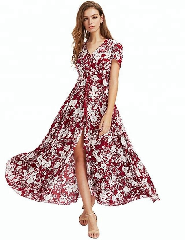 Винтажные женские с цветочным принтом с v-образным вырезом с коротким рукавом Boho Beach Holiday Макси платье