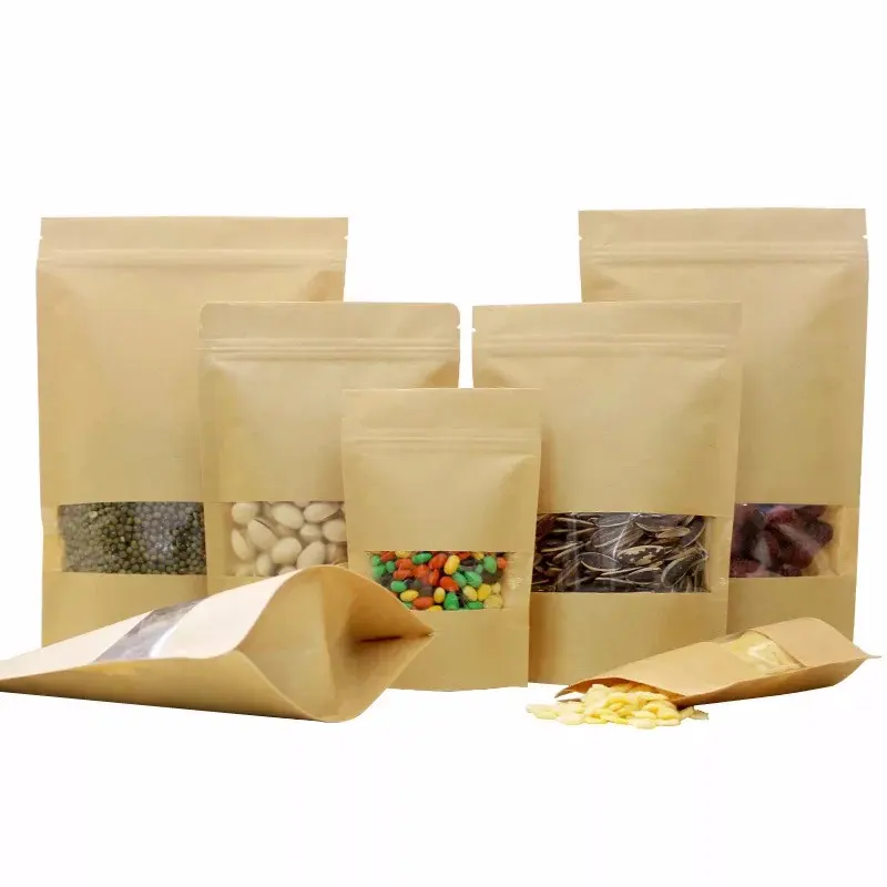 9*14 Ziplock Dry Food Packaging Kraft Paper Stand Up Pouches with Clear Window