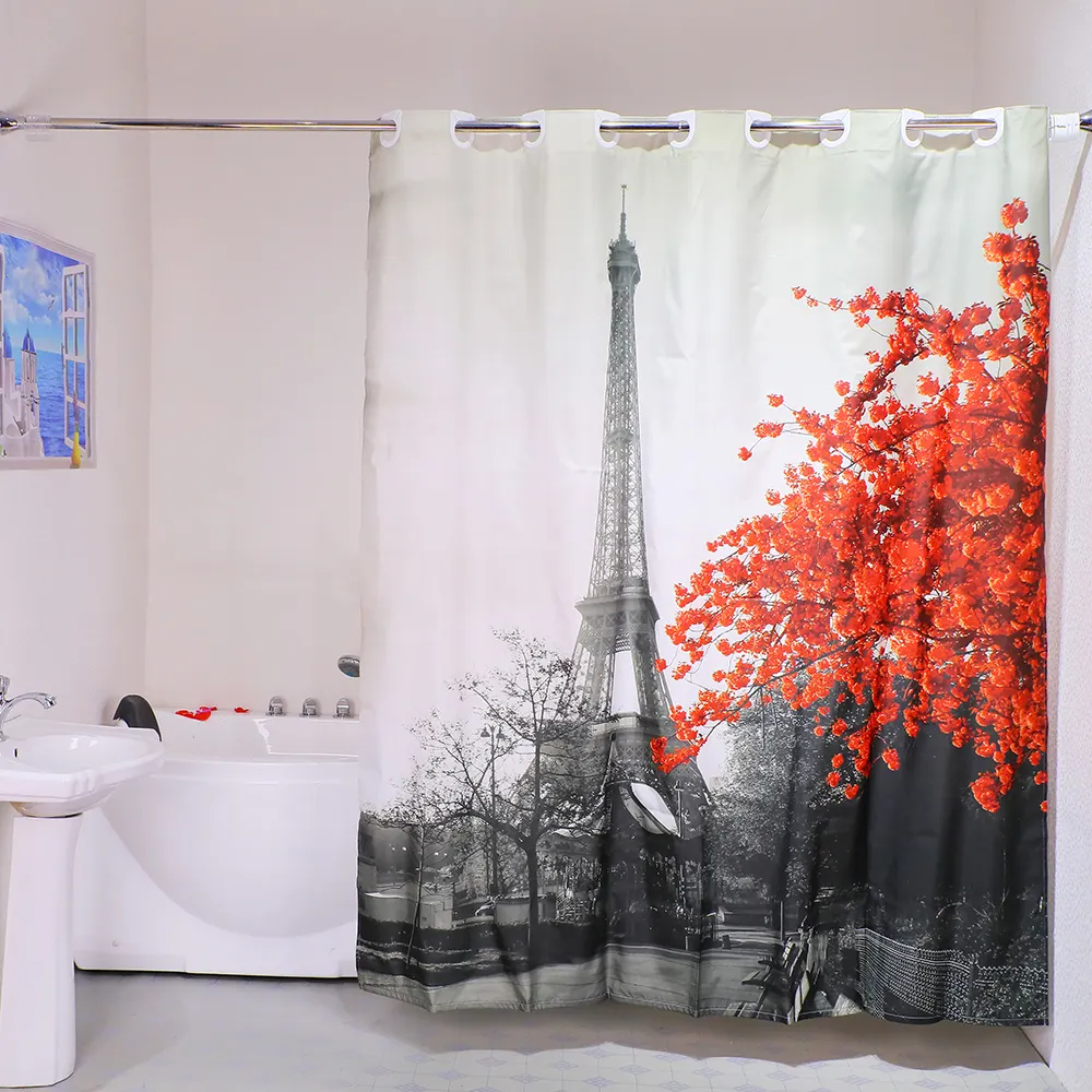 High Quality Red Flower Printed  Polyester Hookless Shower Curtain