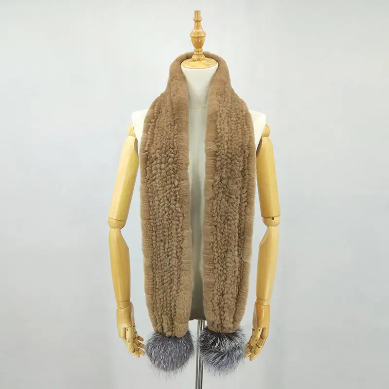 Wholesale Multicolor Fashion Women Long Winter Warm Rex Rabbit Fur Knitted Scarf with Fox Fur Ball
