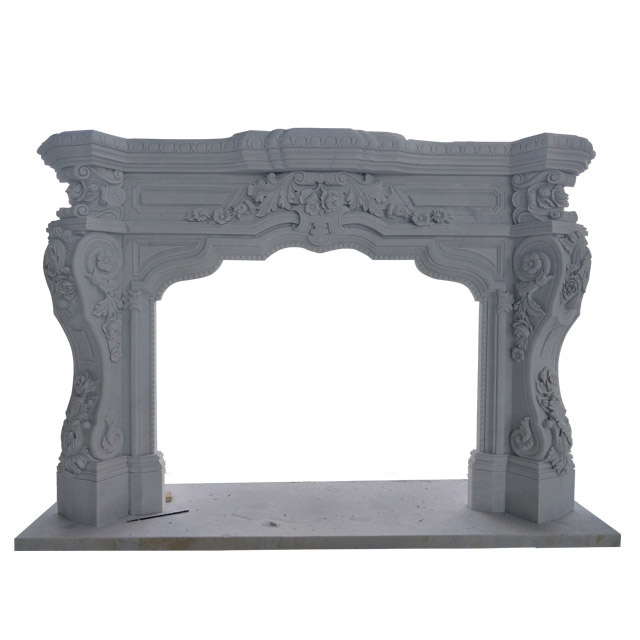 Luxury Carrara White Marble Stone Large Fireplace Mantel with Flower Carvings