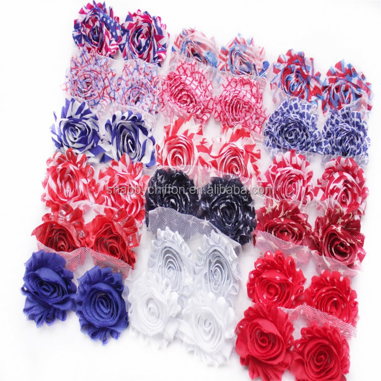 Patriotic Day,Chiffon Fabric Flower,Chiffon Rose Flag Shabby Flower In Stock 4th of July