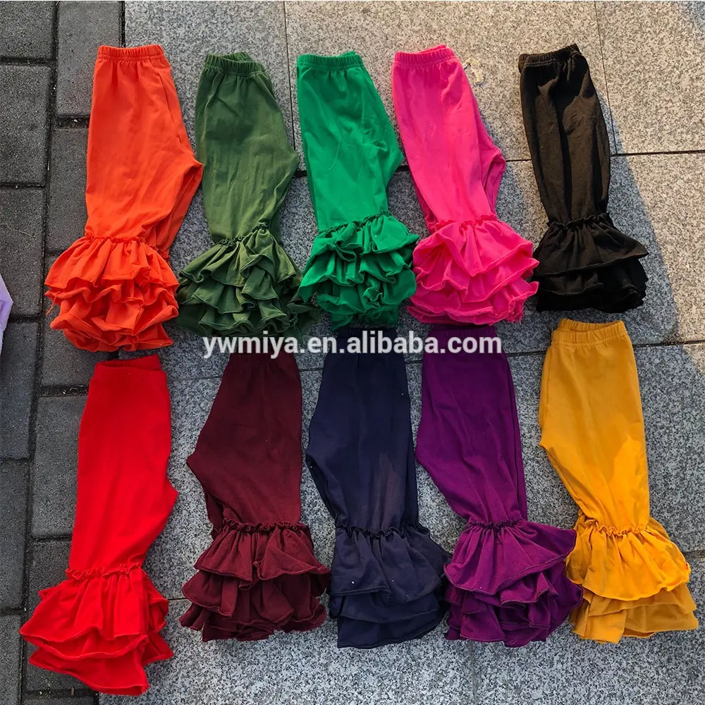 MY-305 hot selling triple ruffle pants for baby girls casual 100% cotton knit long pants multi-colors Toddler boutique