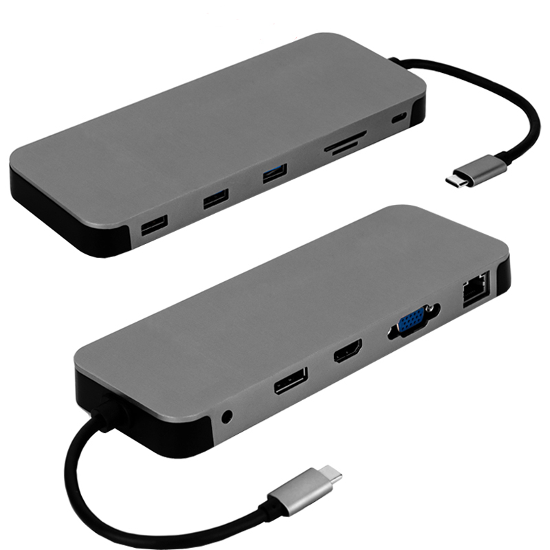 Type-C 11-1 концентратор, USB 3,1 кабель с разъемами типа C и RJ45 + HDMI + VGA + DisplayPort + 3,5 мм аудио + 3 * SD + TF + Type-C/F